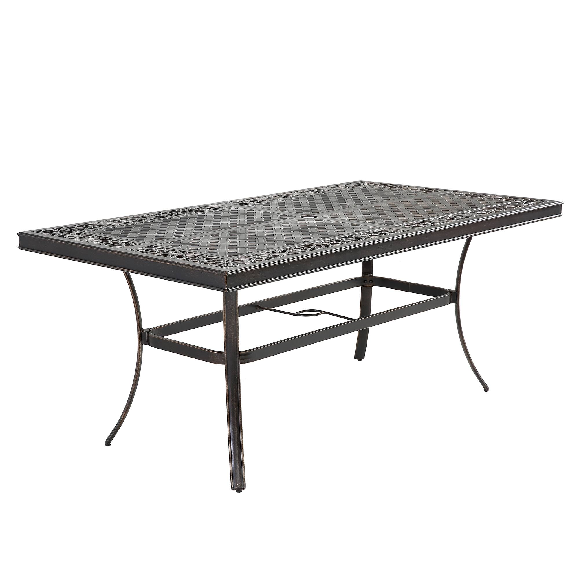 68" Patio Rectangle Cast Aluminum Dining Table with Umbrella Hole Bed